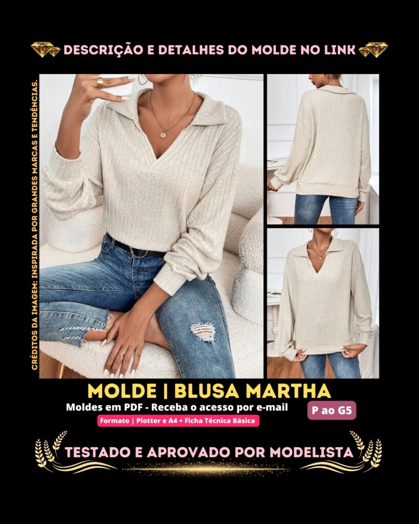 Molde em PDF - Blusa Martha (Blusa Estilo Casual Colarinho Decote em V Manga Comprida Ombro Caído)