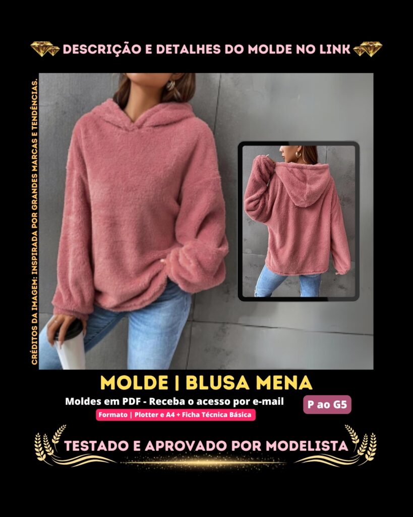 Molde em PDF - Blusa Mena (Blusa Estilo Casual com Capuz e Ombro Caído Manga Comprida)