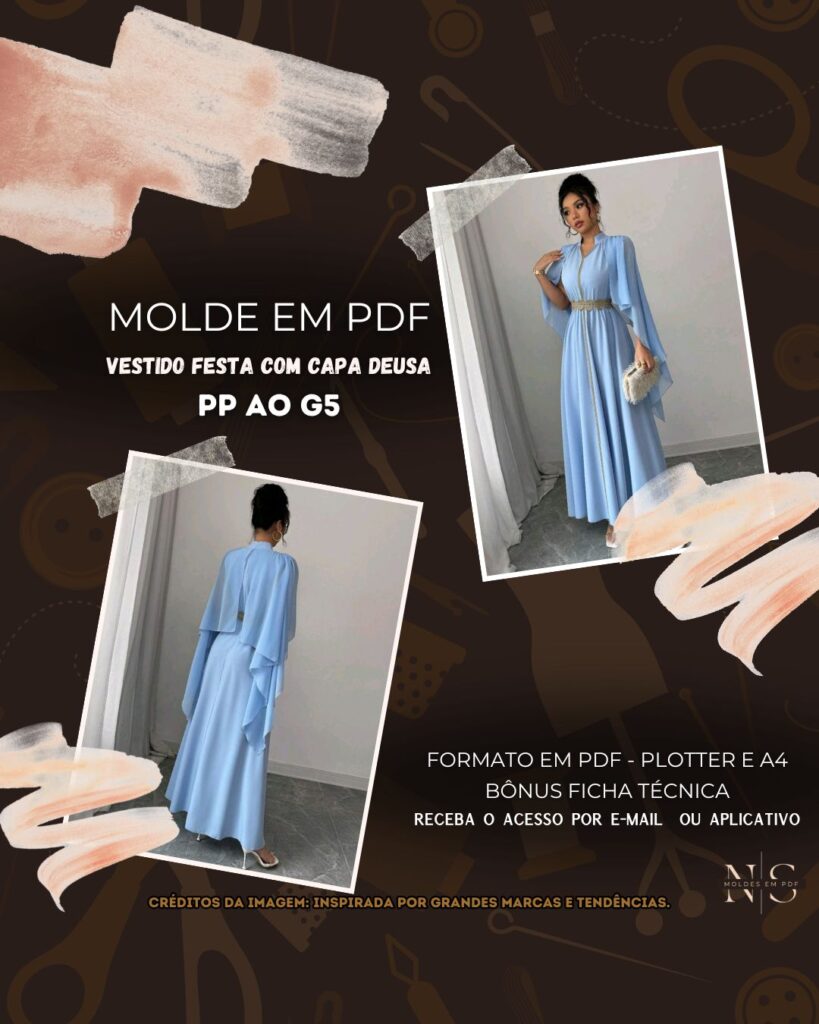 Molde em PDF - Vestido Festa com Capa Deusa (Vestido Estilo Festa Longo com Capa Gola Alta com Abertura Frontal Saia Rodada e Fluida Detalhe de Cinto)