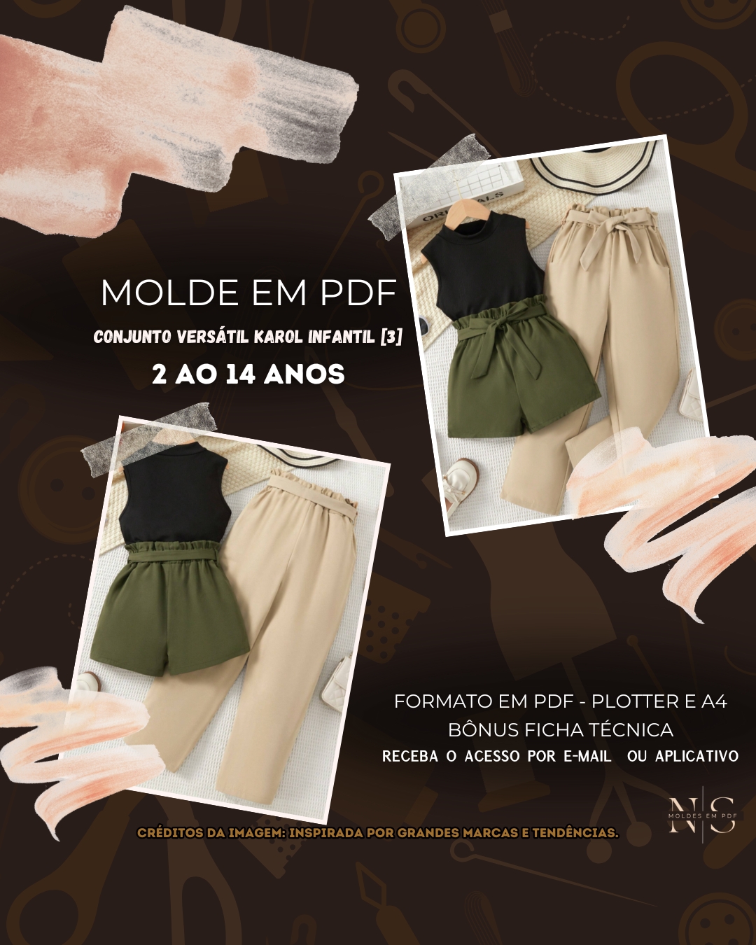 Molde em PDF - Conjunto Versátil Karol Infantil [3] (Conjunto Estilo Casual Regata Gola Alta Short e Calça com Cós Franzido Faixa para Amarração)