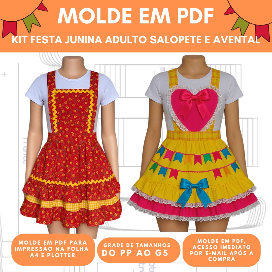 KIT MOLDE EM PDF SALOPETE E AVENTAL JUNINO REF 3848 E 3849 - GRADE DO PP AO G5