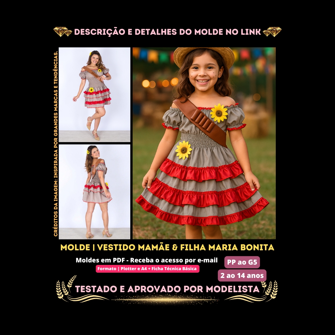 Molde em PDF - Vestido Mamãe & Filha Maria Bonita (Vestido Estilo Festa Curto Ombro a Ombro Saia com Babados Elastex na Cintura)