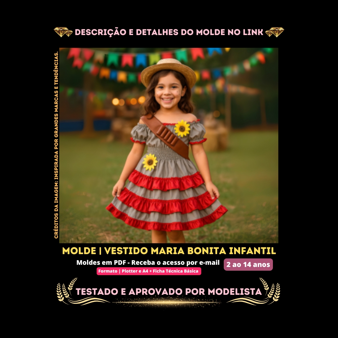 Molde em PDF - Vestido Maria Bonita Infantil (Vestido Estilo Festa Curto Ombro a Ombro Saia com Babados Elastex na Cintura)
