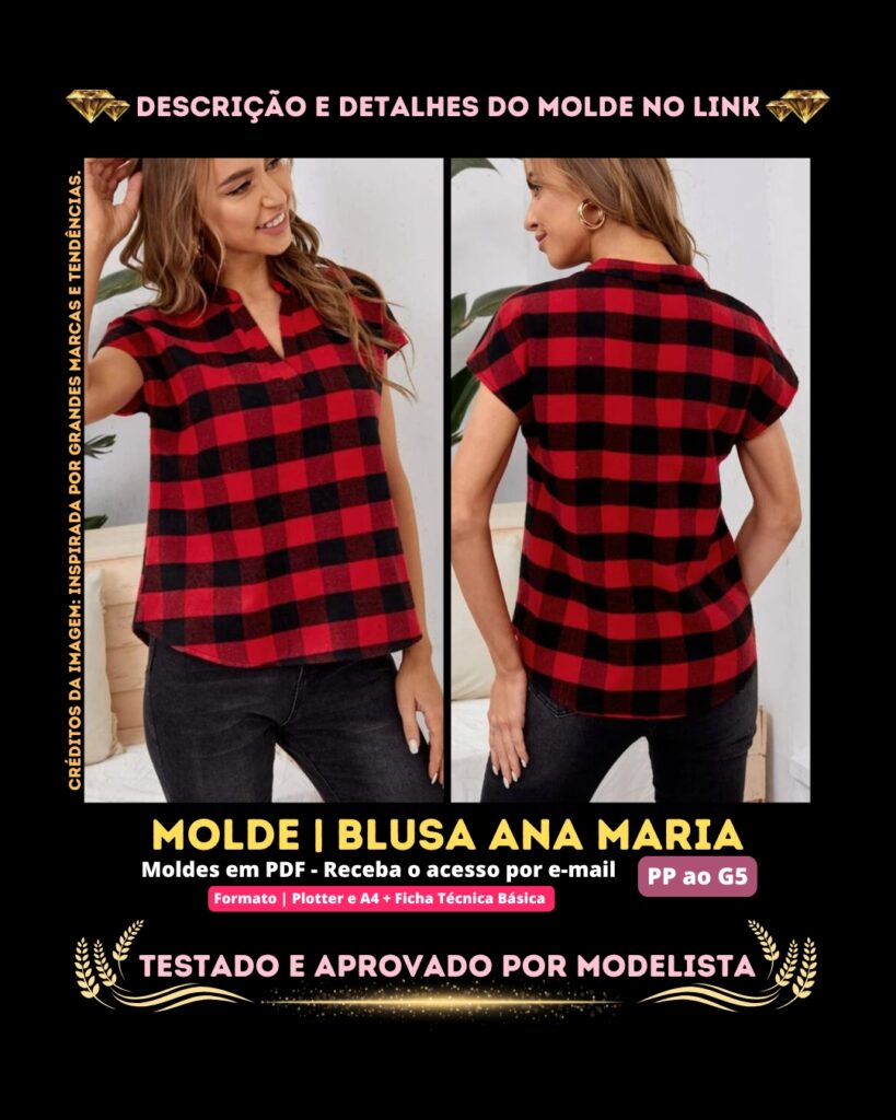 Molde em PDF - Blusa Ana Maria (Blusa Estilo Casual Gola V com Manga Curta)