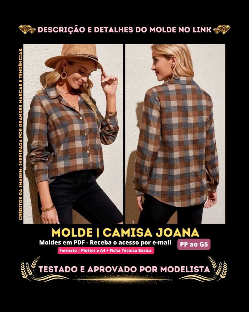 Molde em PDF - Camisa Joana (Camisa Estilo Casual Manga Comprida sem Bolso com Botões na Frente)