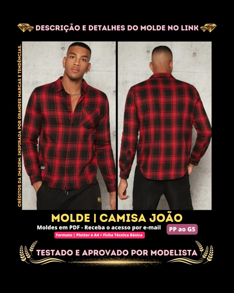 Molde em PDF - Camisa João (Camisa Estilo Casual com Bolso na Frente e Manga Comprida)