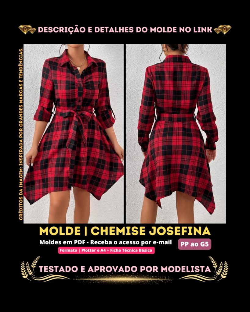 Molde em PDF - Chemise Josefina (Chemise Estilo Casual Assimétrico com Cinto e Botões na Frente)