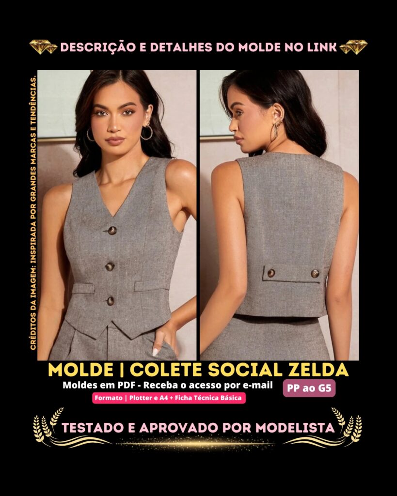 Molde em PDF - Colete Social Zelda (Colete Estilo Elegante Assimétrico com Botões na Frente e Gola V)