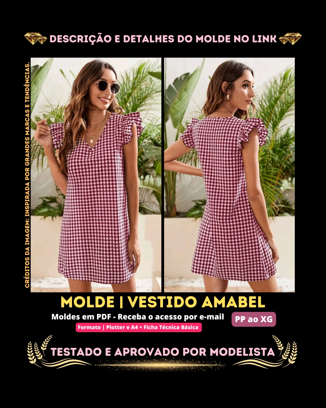 Molde em PDF - Vestido Amabel (Vestido Estilo Casual Túnica com Gola V e Manga Borboleta)⁣