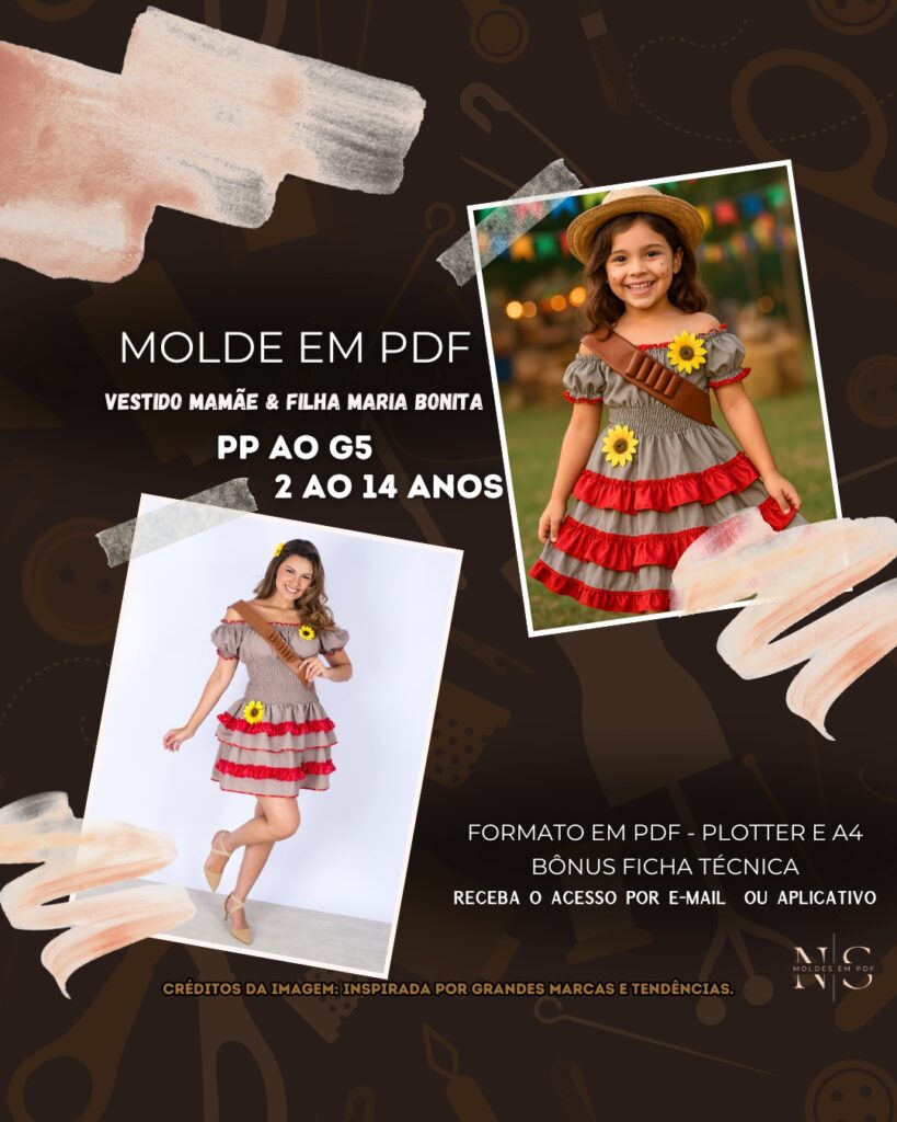Molde em PDF - Vestido Mamãe & Filha Maria Bonita (Vestido Estilo Festa Curto Ombro a Ombro Saia com Babados Elastex na Cintura)