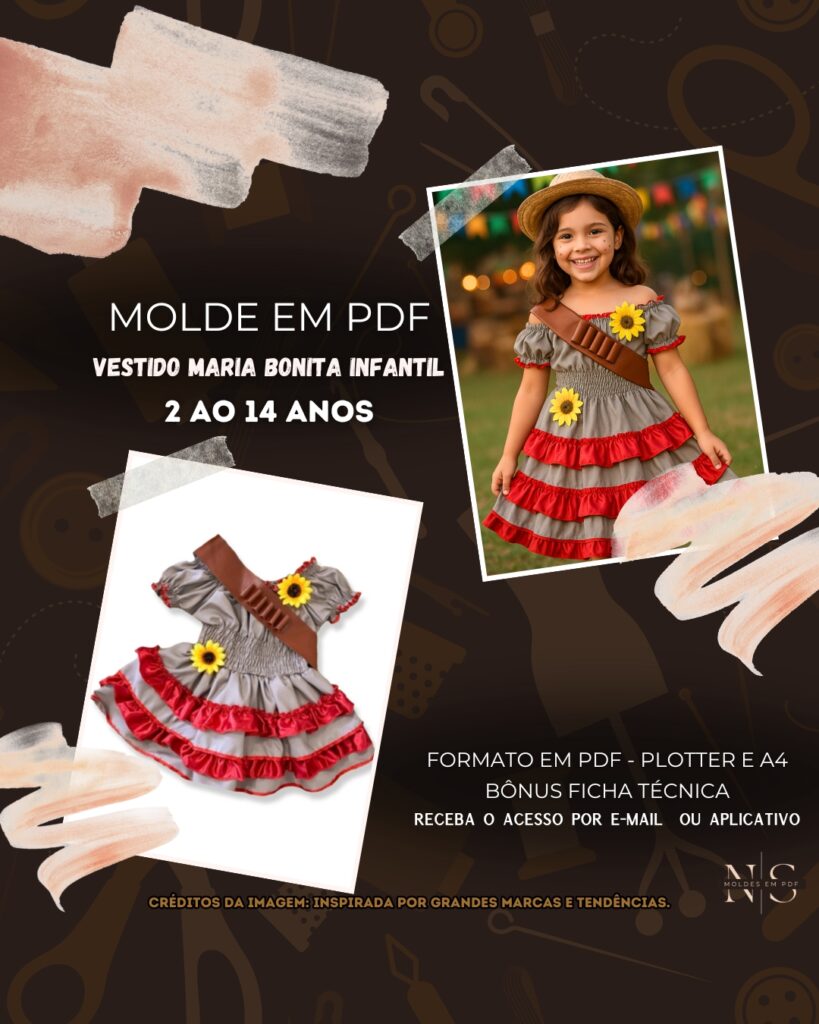 Molde em PDF - Vestido Maria Bonita Infantil (Vestido Estilo Festa Curto Ombro a Ombro Saia com Babados Elastex na Cintura)