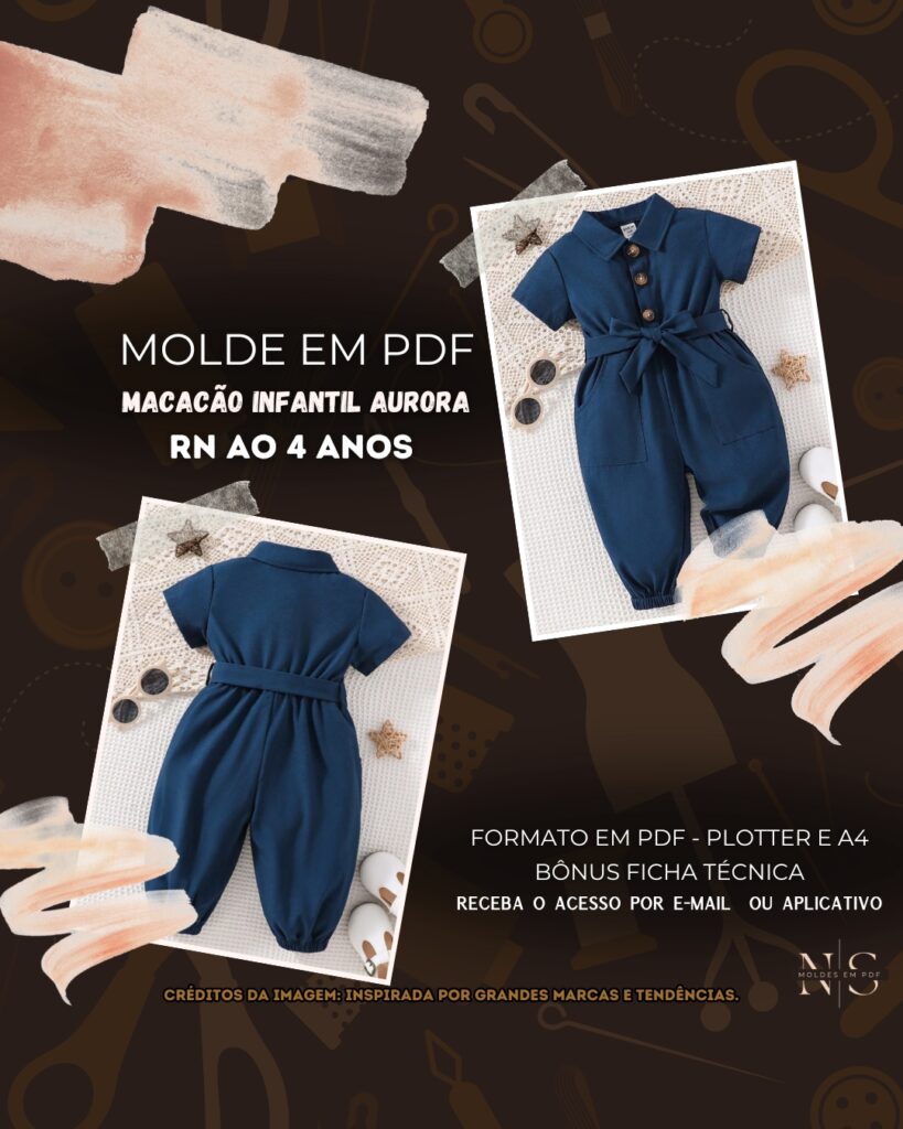 Molde em PDF - Macacão Infantil Aurora (Macacão Estilo Elegante com Gola Esporte Manga Curta Botões Frontais Cinto Faixa Bolsos Aplicados Barra com Elástico)