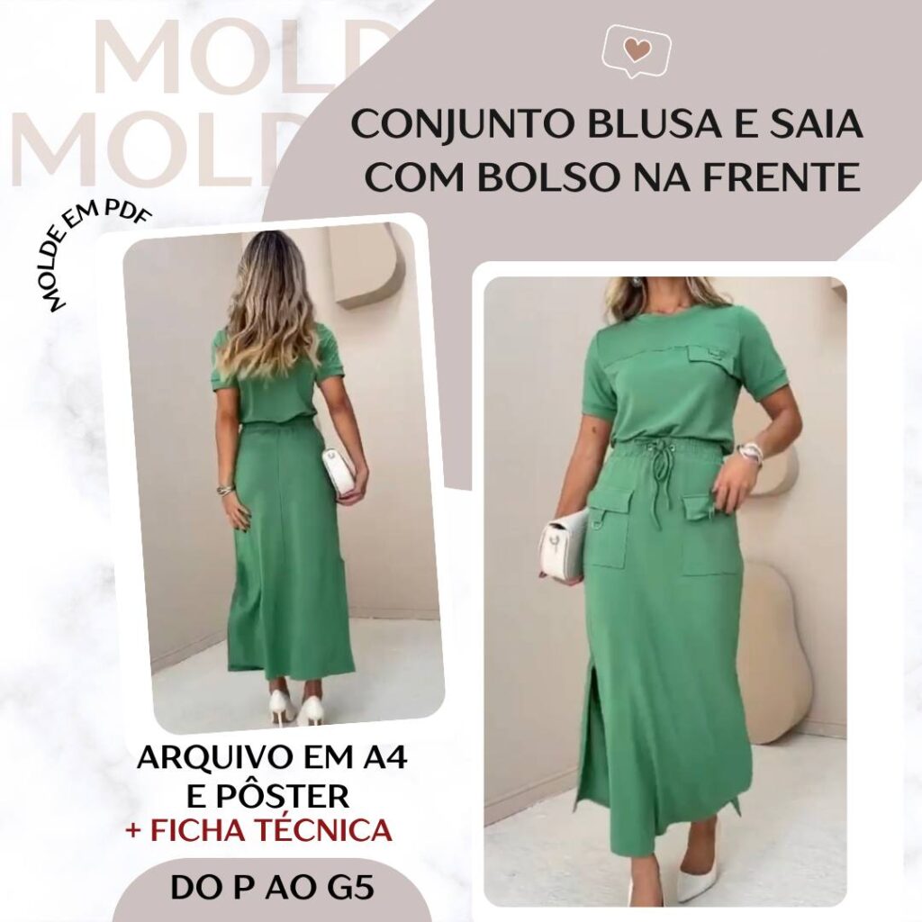 Conjunto Blusa e Saia com Botões na Frente - Molde em PDF