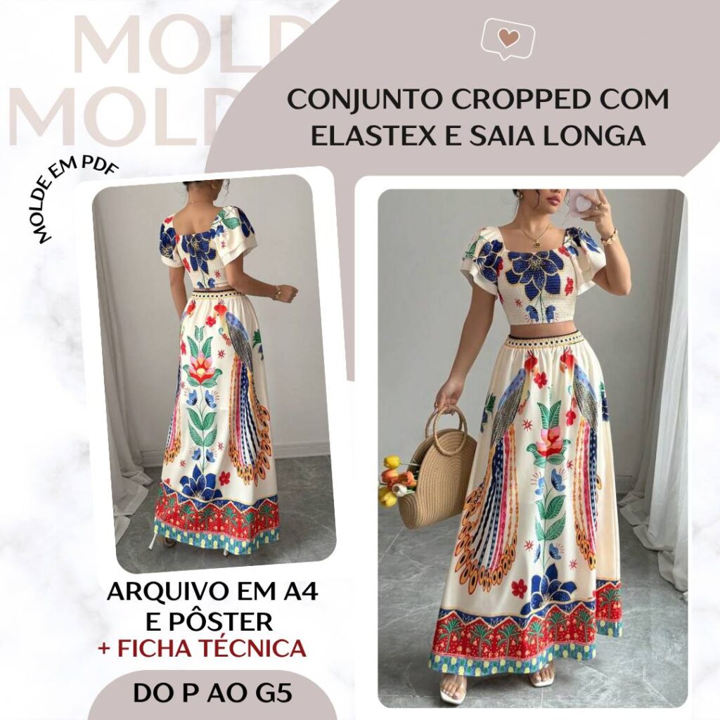 Conjunto Cropped com Elastex e Saia Longa - Molde em PDF