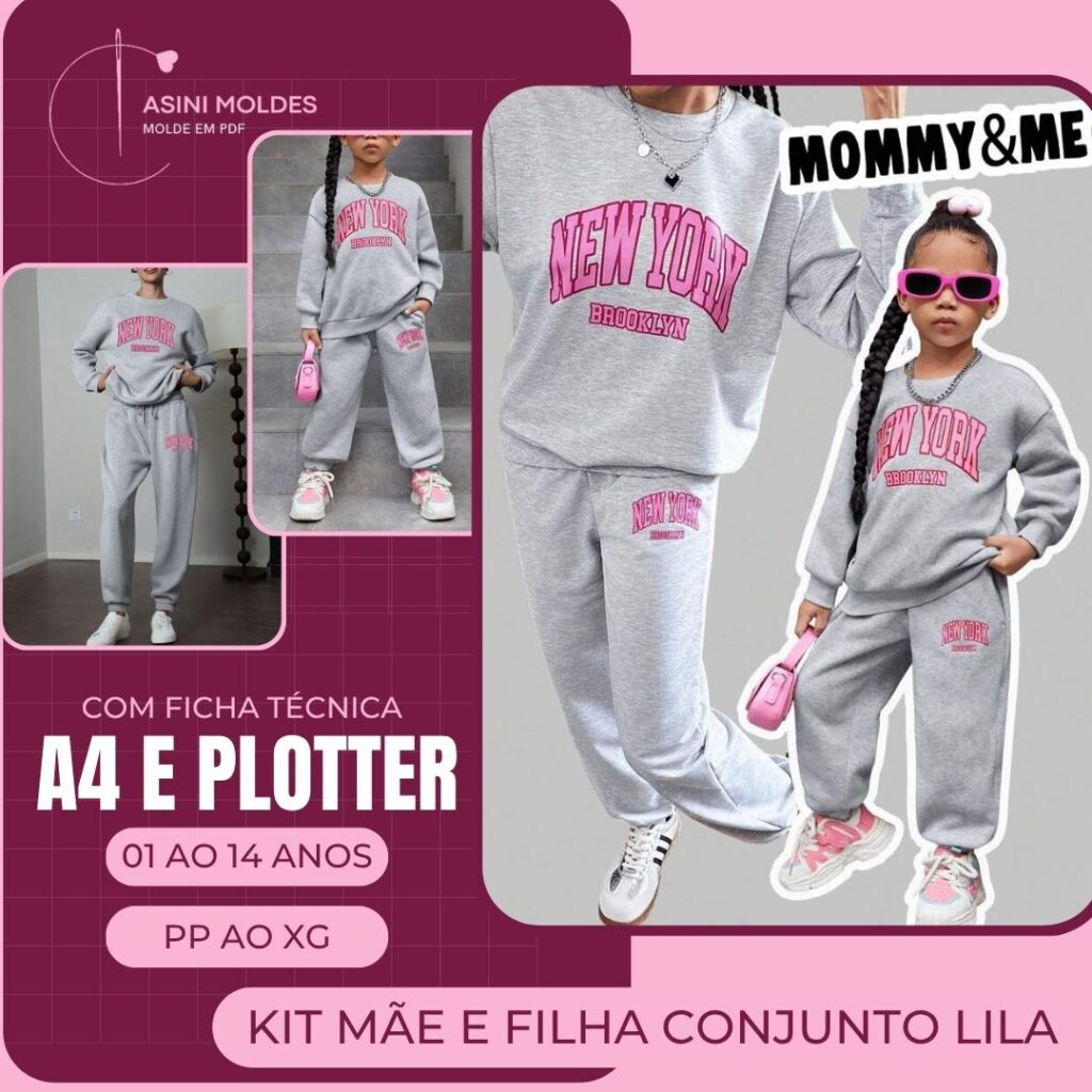 KIT MÃE E FILHA CONJUNTO MOLETOM LILA - Molde em PDF