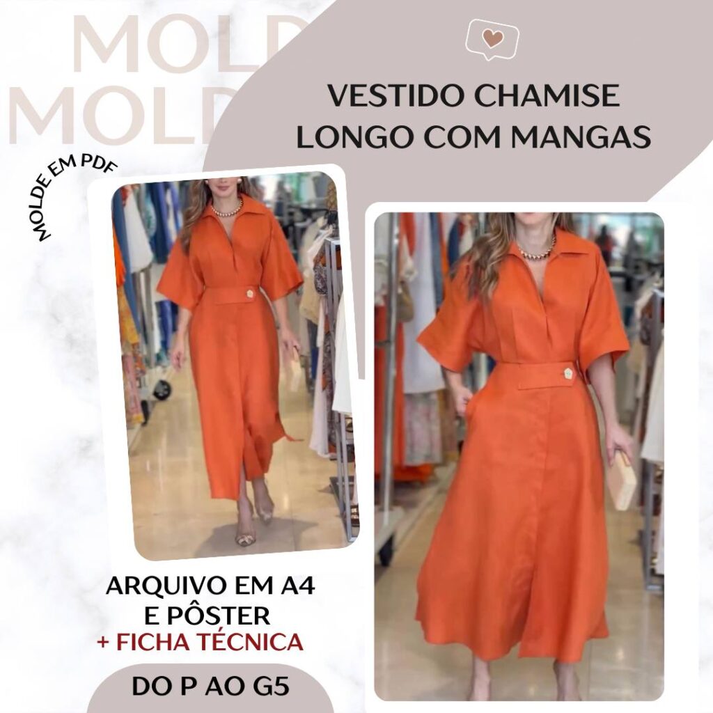 Vestido Chamise Longo com Mangas - Molde em PDF