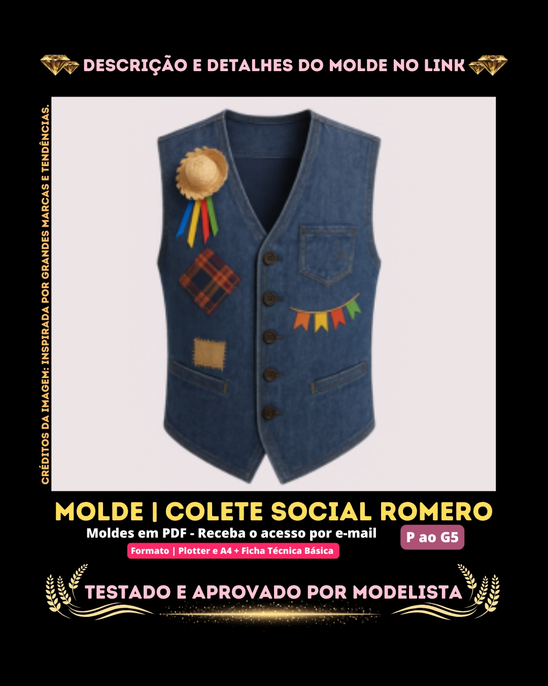Molde em PDF - Colete Social Romero (Colete Estilo Casual Gola em V com Botões na Frente)