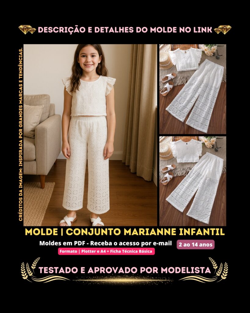 Molde em PDF - Conjunto Marianne Infantil (Conjunto Estilo Casual Cropped Gola Redonda Manga Curta com Babado + Calça Pantalona com Elástico na Cintura)