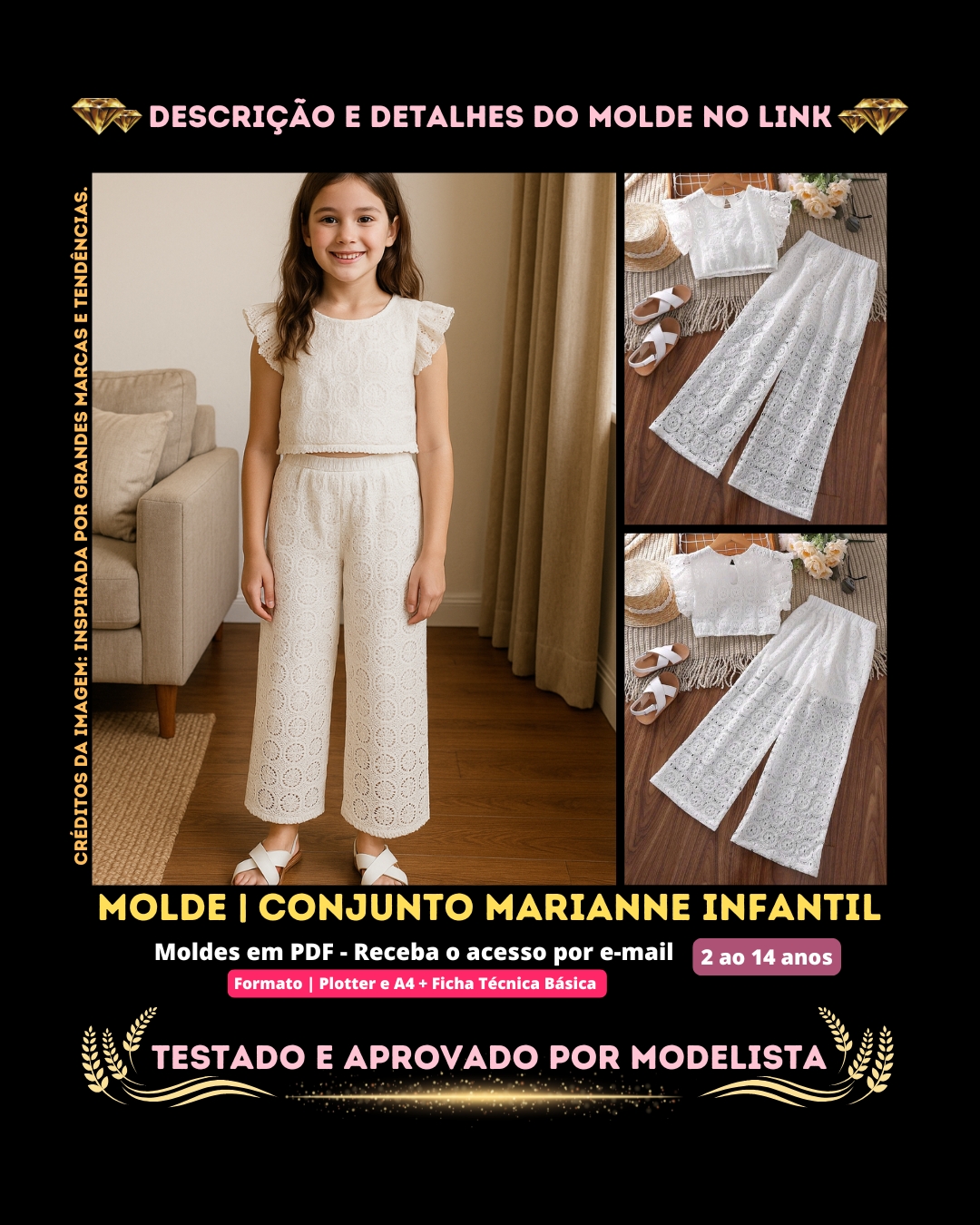 Molde em PDF - Conjunto Marianne Infantil (Conjunto Estilo Casual Cropped Gola Redonda Manga Curta com Babado + Calça Pantalona com Elástico na Cintura)