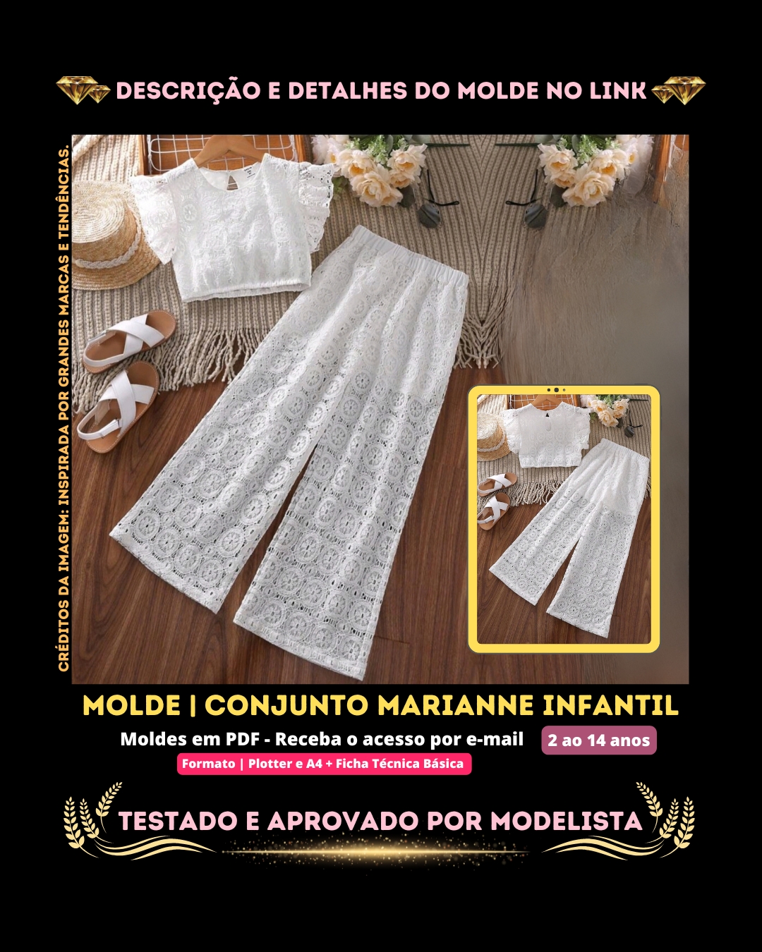 3.4 Conjunto Marianne Infantil (Conjunto Estilo Casual Cropped Gola Redonda Manga Curta com Babado + Calça Pantalona com Elástico na Cintura) _