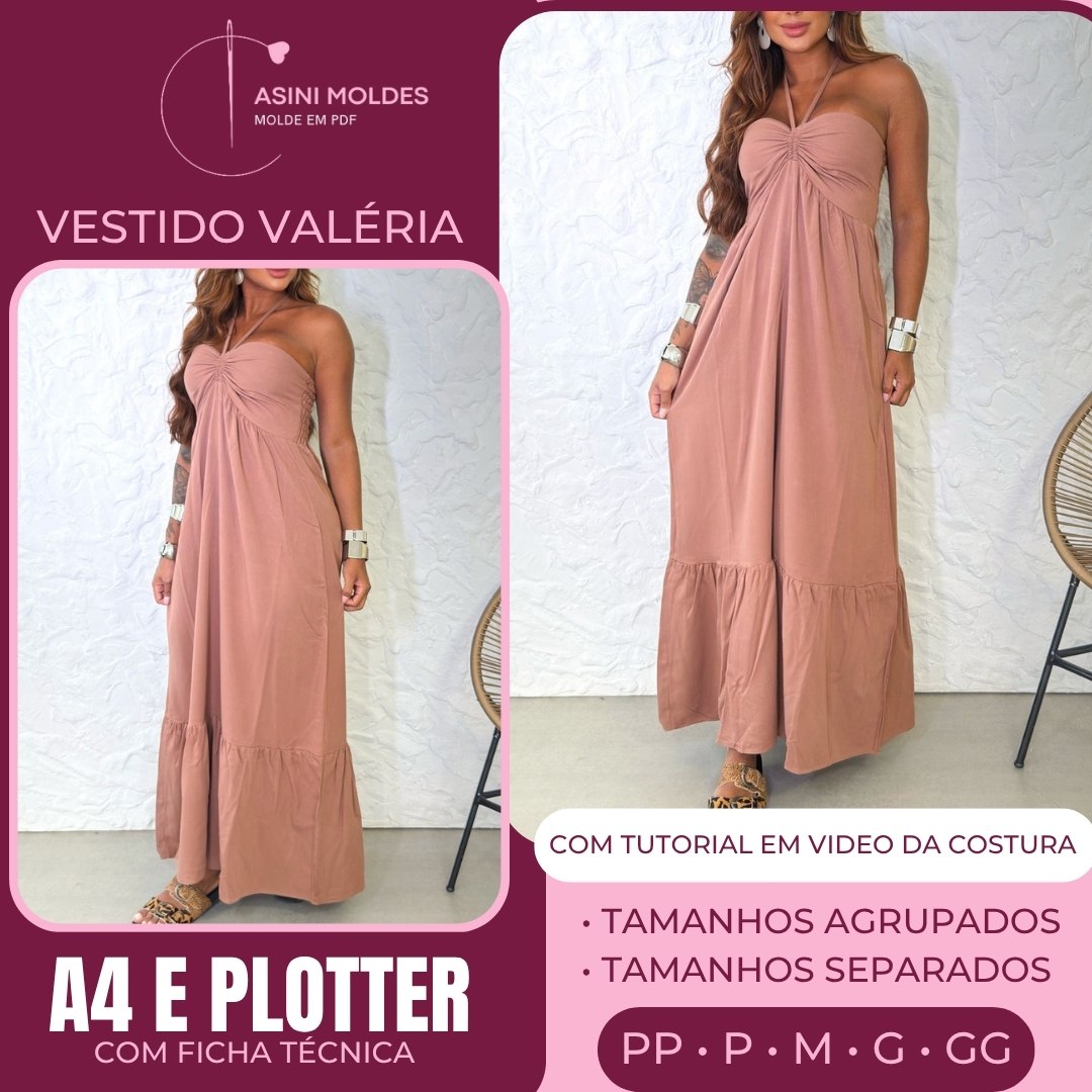 VESTIDO VALÉRIA - Molde em PDF [ MOLDES SEPARADOS POR TAMANHO ] - COM TUTORIAL DE COSTURA
