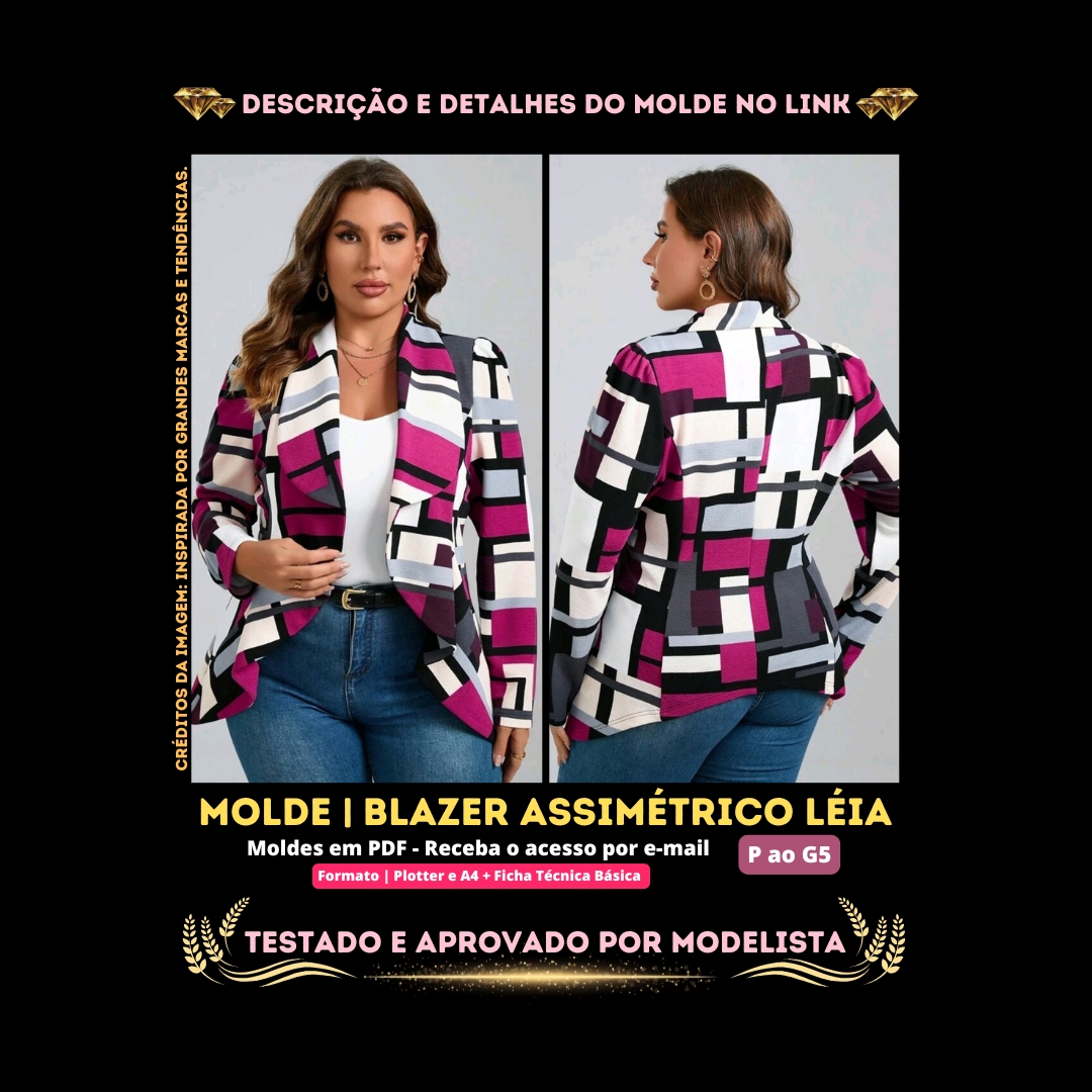 Molde em PDF - Blazer Assimétrico Léia (Blazer Estilo Casual Assimétrico Manga Comprida Aberto na Frente)