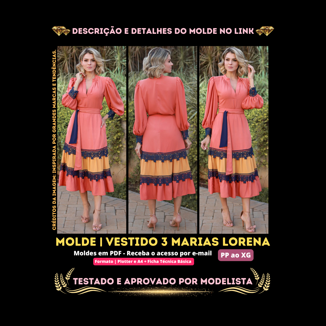 Molde em PDF - Vestido 3 Marias Lorena (Vestido Estilo Casual Gola em V Manga Longa Saia 3 Marias com Cinto Zíper na Lateral)