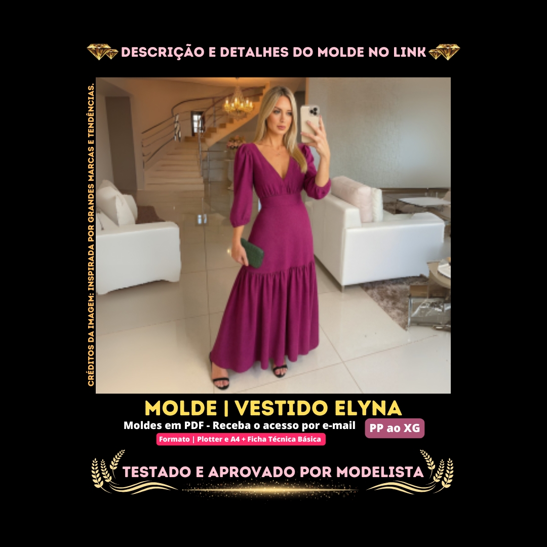 Molde em PDF - Vestido Elyna (Vestido Estilo Elegante Longo com Decote em V)