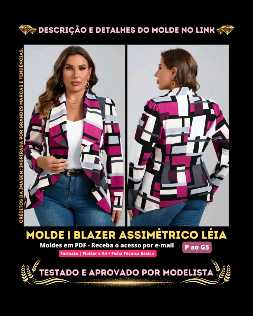 Molde em PDF - Blazer Assimétrico Léia (Blazer Estilo Casual Assimétrico Manga Comprida Aberto na Frente)