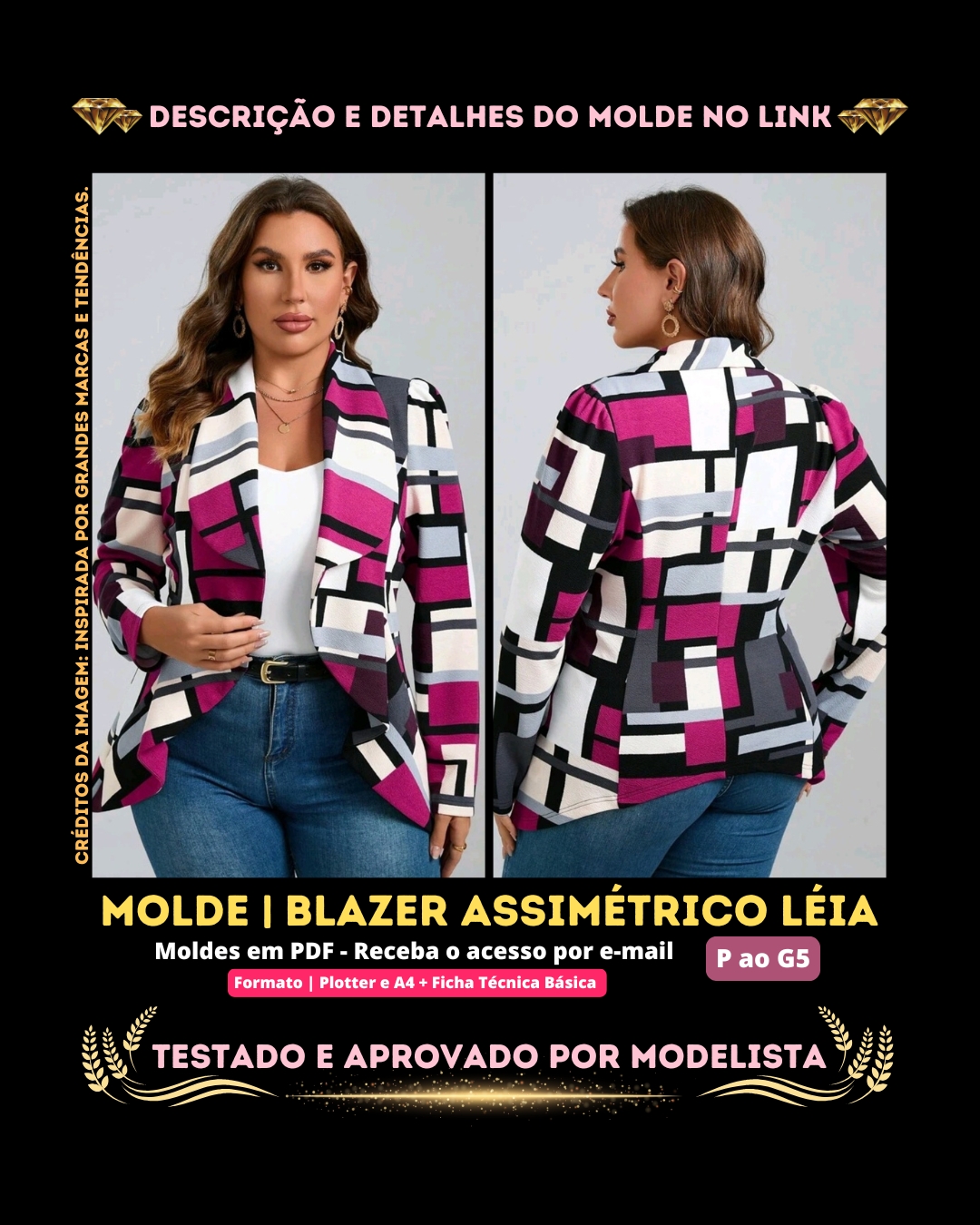 Molde em PDF - Blazer Assimétrico Léia (Blazer Estilo Casual Assimétrico Manga Comprida Aberto na Frente)