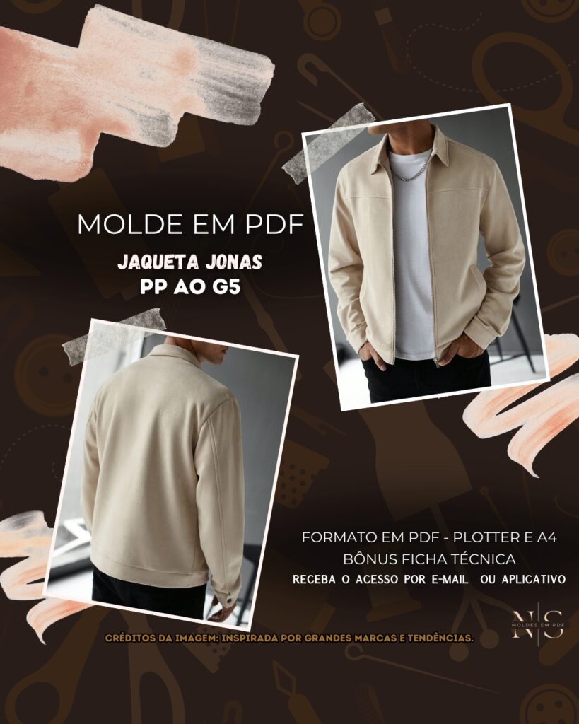 Molde em PDF - Jaqueta Jonas (Jaqueta Masculina Estilo Casual Reta Com Gola Esporte, Zíper Frontal Duplo, Recorte No Busto, Bolsos Laterais Embutidos E Punhos Ajustáveis)