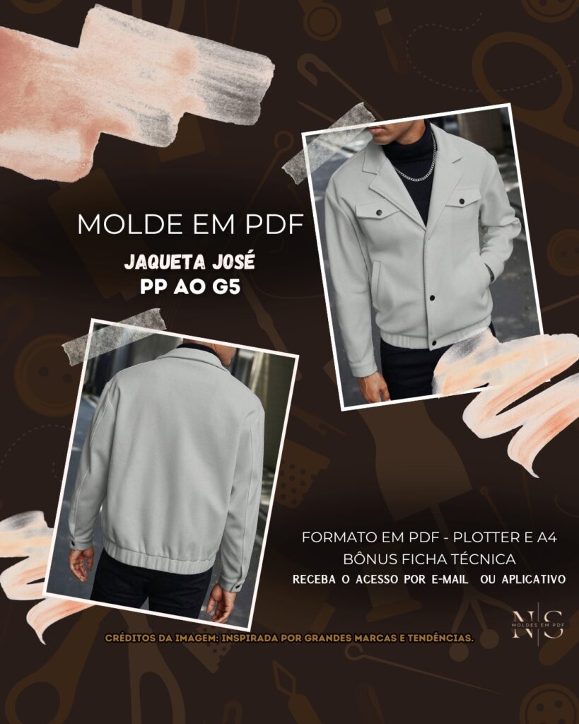 Molde em PDF - Jaqueta José (Jaqueta Masculina Estilo Casual Reta Com Gola De Lapela, Bolsos Frontais Com Lapela E Botões De Pressão, Mangas Longas Com Punho Ajustável E Barra Com Elástico Embutido)