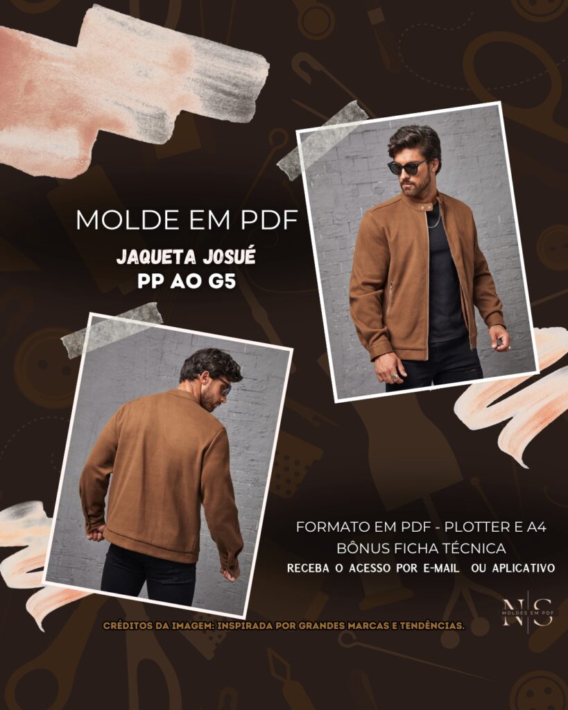 Molde em PDF - Jaqueta Josué (Jaqueta Masculina Estilo Casual Reta Com Gola Padre, Zíper Frontal, Bolsos Embutidos Com Zíper E Punhos Ajustados Por Botão De Pressão)