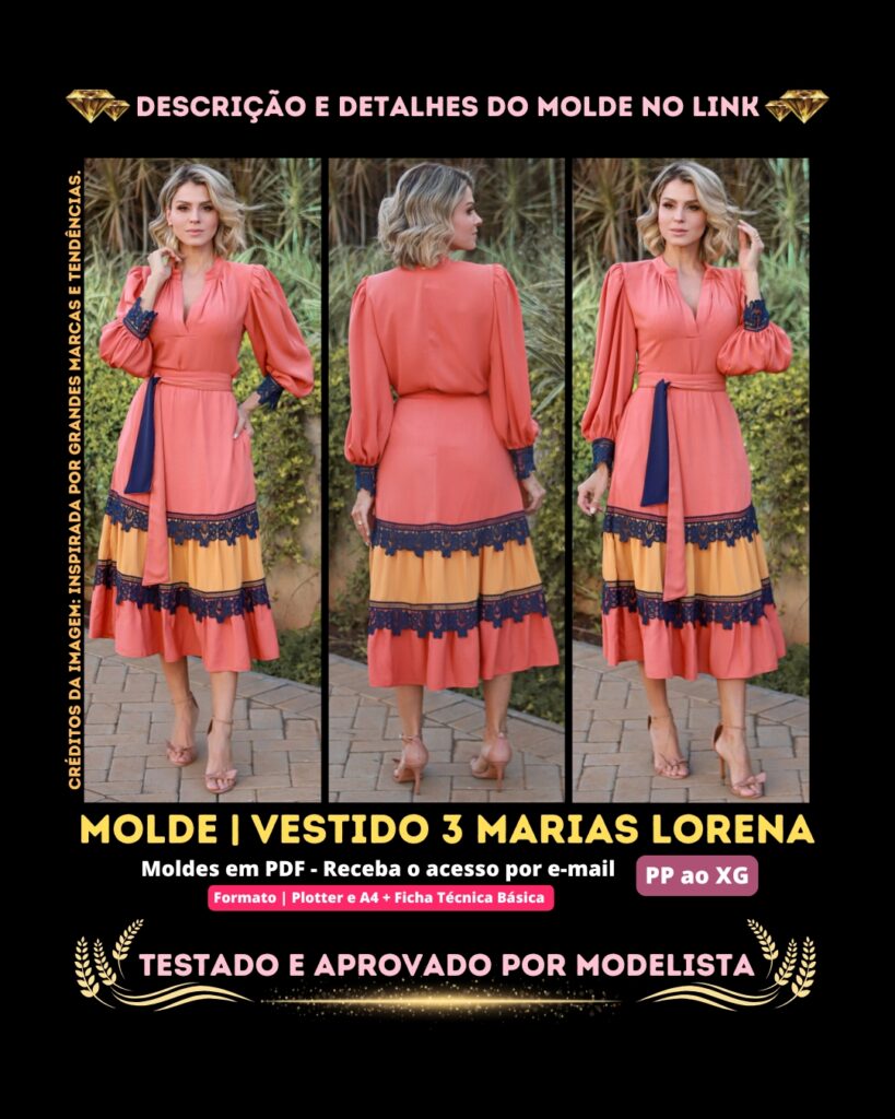 Molde em PDF - Vestido 3 Marias Lorena (Vestido Estilo Casual Gola em V Manga Longa Saia 3 Marias com Cinto Zíper na Lateral)
