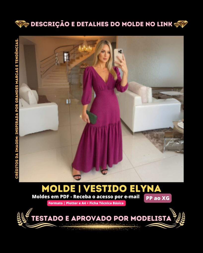 Molde em PDF - Vestido Elyna (Vestido Estilo Elegante Longo com Decote em V)
