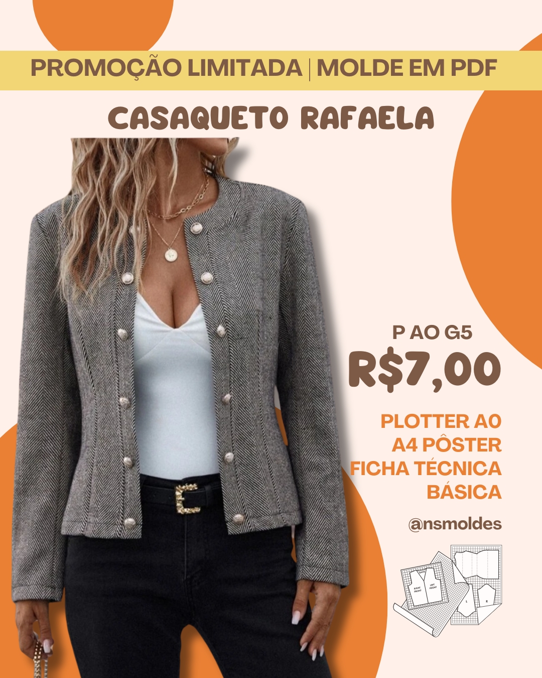 Molde em PDF - Casaqueto Rafaela (Casaqueto Estilo Casual Gola Redonda Manga Comprida e Botões de Enfeite)