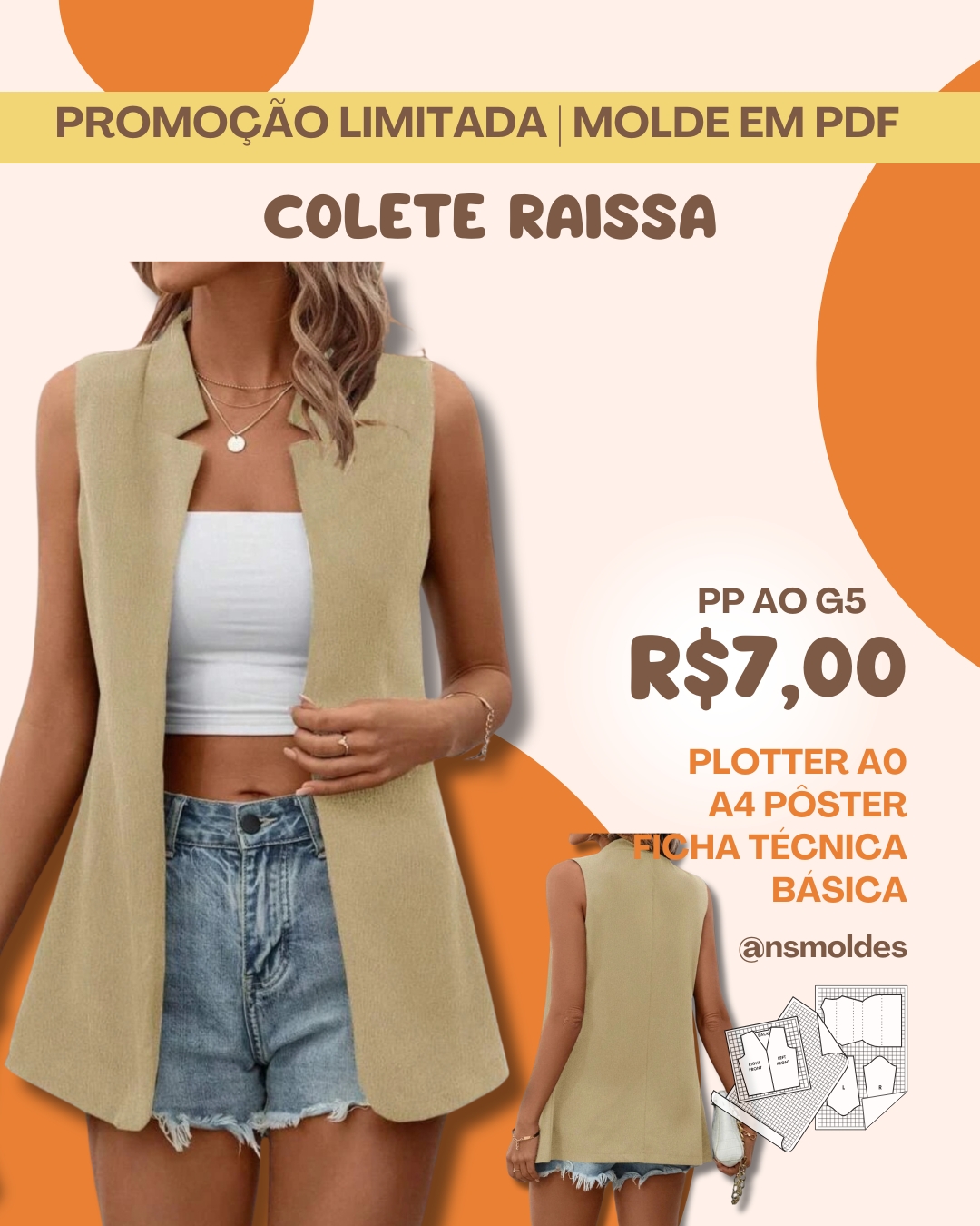 Molde em PDF - Colete Raissa (Colete Estilo Casual Colete Blazer Longo com Gola Entalhada)