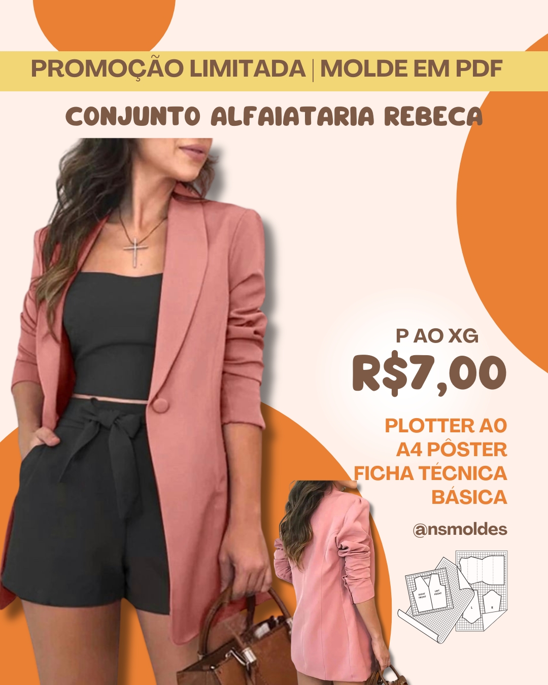 Molde em PDF - Conjunto Alfaiataria Rebeca (Blazer + Cropped + Short)