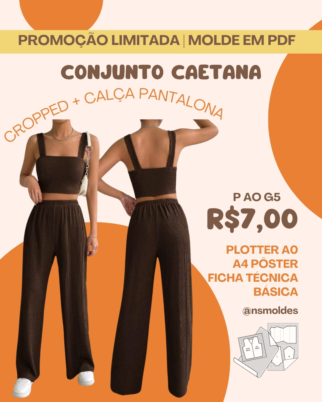 Molde em PDF - Conjunto Caetana (Conjunto Estilo Casual Cropped com Alça Larga e Calça Pantalona com Elástico na Cintura)