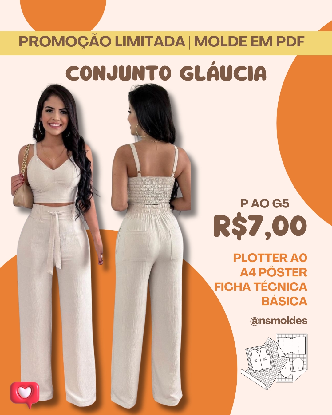 Molde em PDF - Conjunto Gláucia (Conjunto Estilo Casual Cropped Estilo Casual Decote em V Alcinna com Elastex Atrás + Calça Estilo Casual Pernas Largas com Elástico no Cós Traseiro Bolsos nas Laterais e Traseiro Faixa na Cintura)