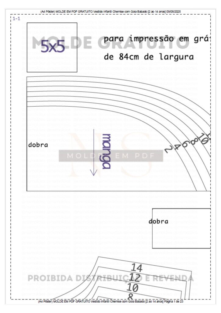 Esquema da A4 Pôster Vestido Infantil Chemise com Gola Babado