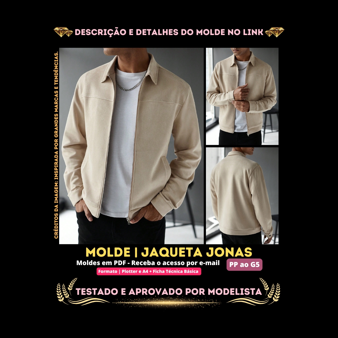 Molde em PDF - Jaqueta Jonas (Jaqueta Masculina Estilo Casual Reta Com Gola Esporte, Zíper Frontal Duplo, Recorte No Busto, Bolsos Laterais Embutidos E Punhos Ajustáveis)
