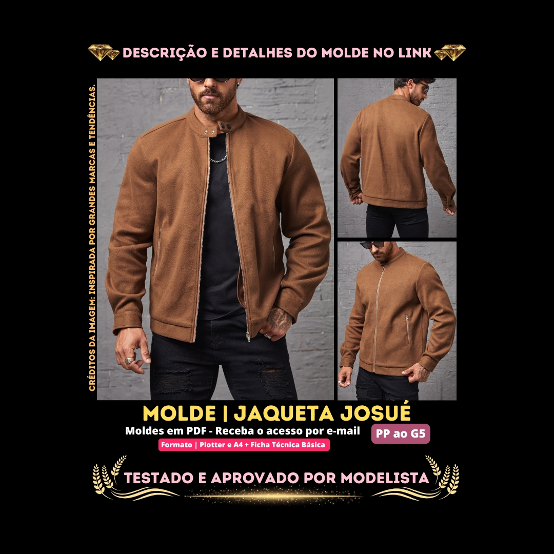 Molde em PDF - Jaqueta Josué (Jaqueta Masculina Estilo Casual Reta Com Gola Padre, Zíper Frontal, Bolsos Embutidos Com Zíper E Punhos Ajustados Por Botão De Pressão)