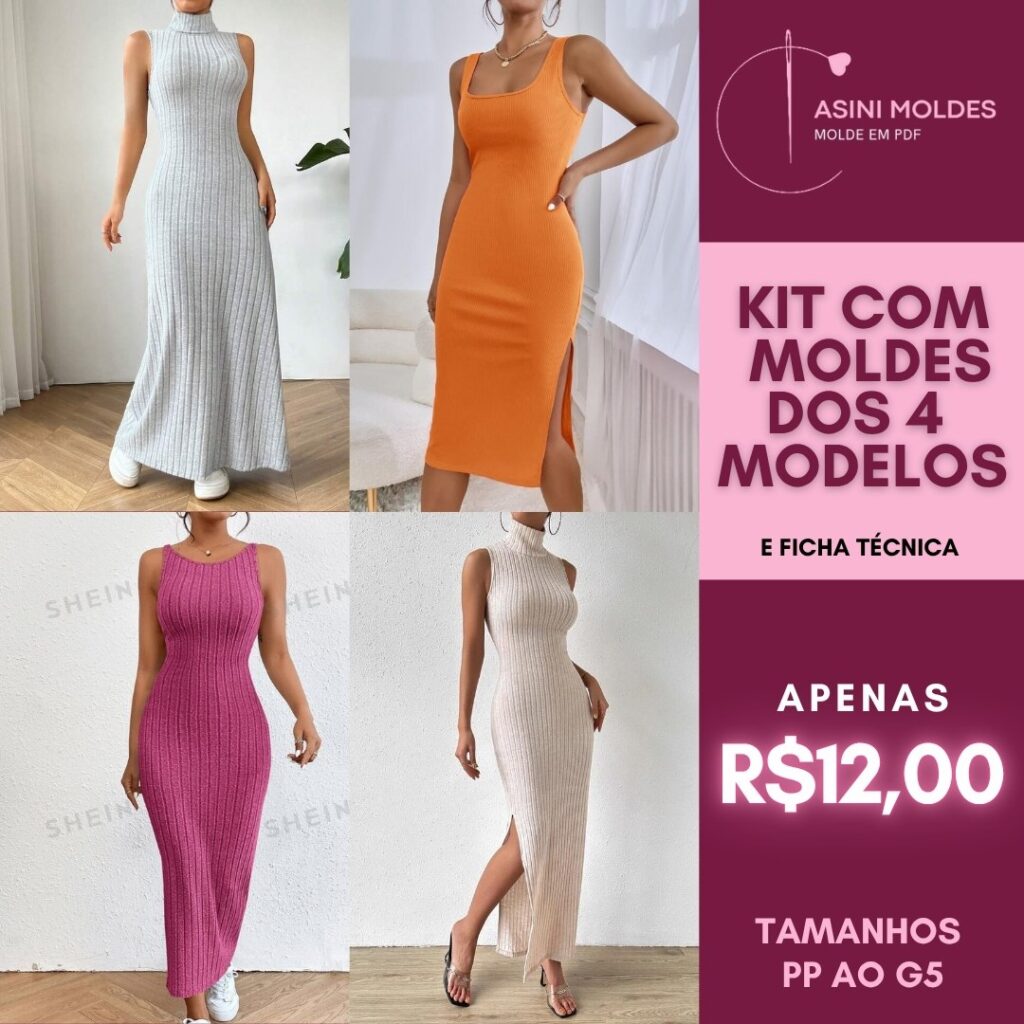 KIT 4 VESTIDOS MALHA - Molde em PDF