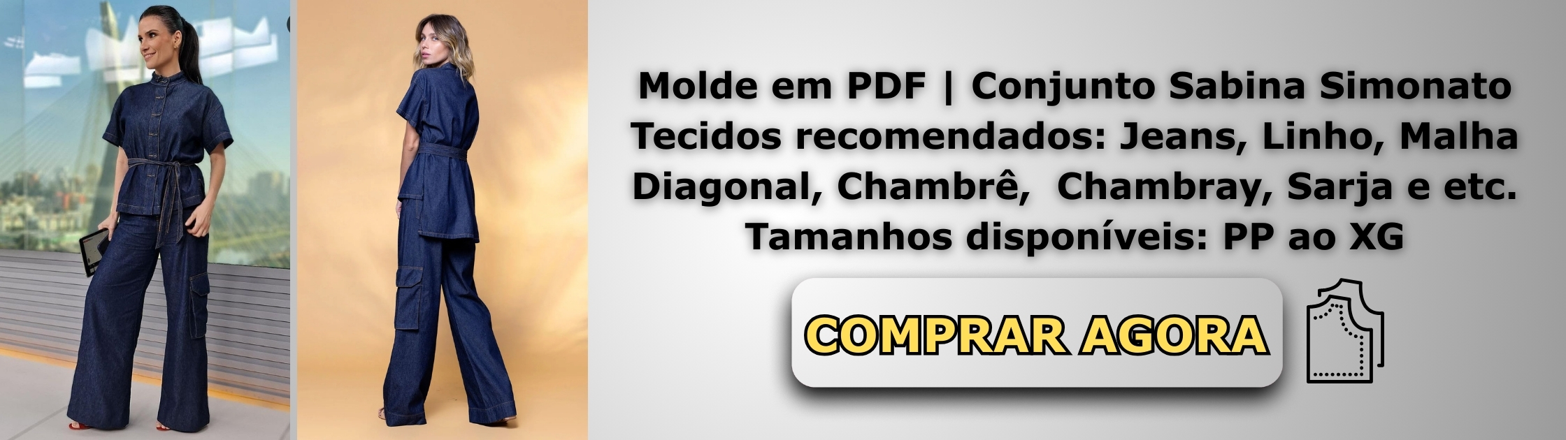 Molde em PDF - Conjunto Sabina Simonato (Conjunto Estilo Casual Blusa Chemise de Gola Oriental e Faixa Ajustável com Calça Pantalona de Cintura Alta e Bolso Cargo) 