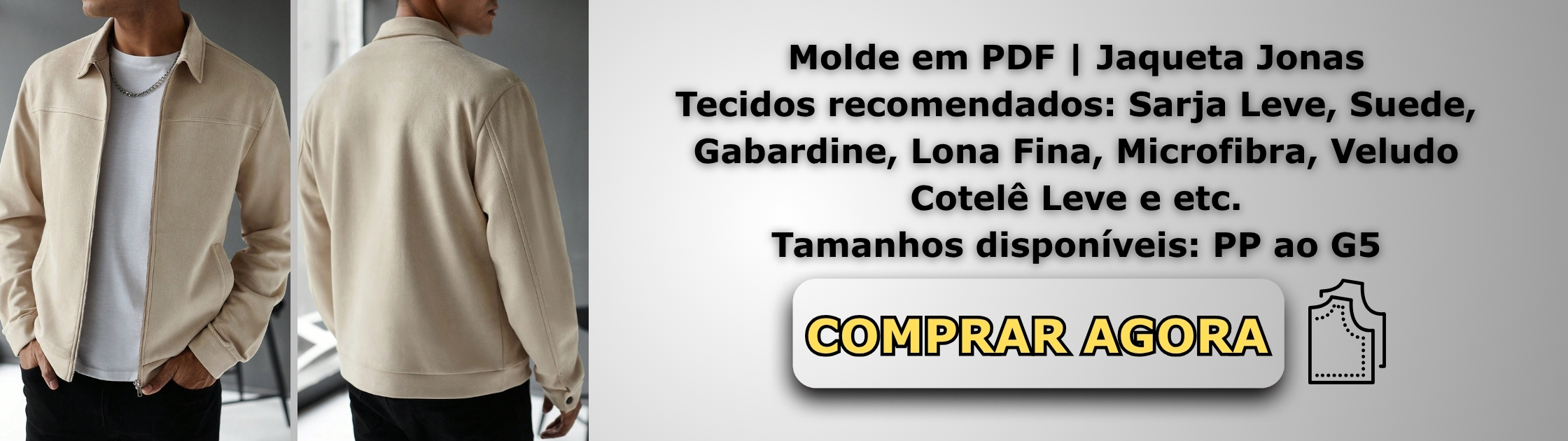 Molde em PDF - Jaqueta Jonas (Jaqueta Masculina Estilo Casual Reta Com Gola Esporte, Zíper Frontal Duplo, Recorte No Busto, Bolsos Laterais Embutidos E Punhos Ajustáveis)