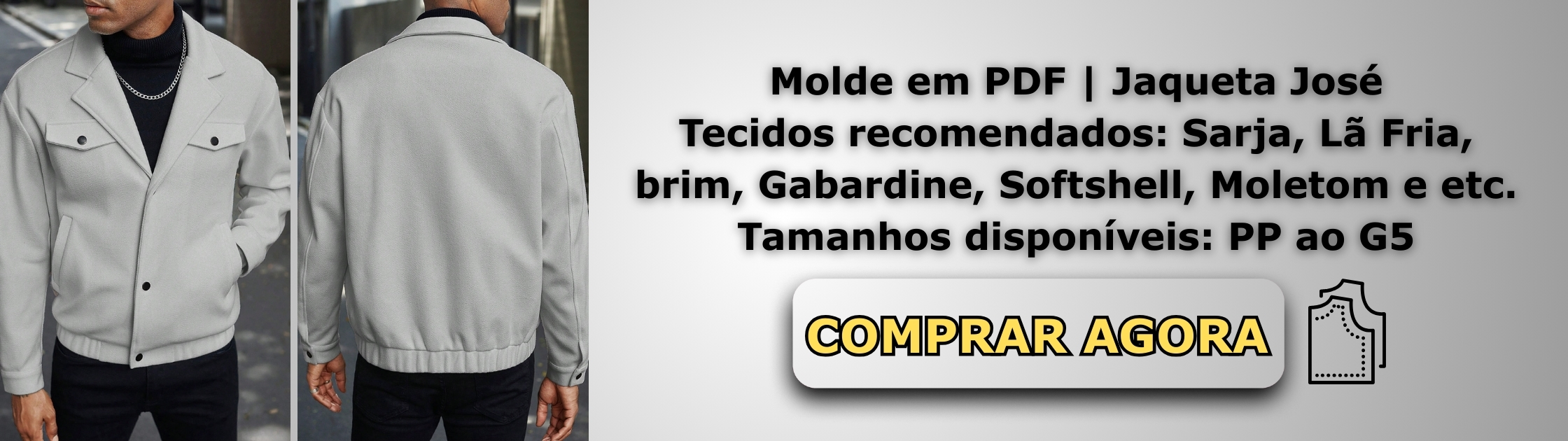 Molde em PDF - Jaqueta José (Jaqueta Masculina Estilo Casual Reta Com Gola De Lapela, Bolsos Frontais Com Lapela E Botões De Pressão, Mangas Longas Com Punho Ajustável E Barra Com Elástico Embutido)