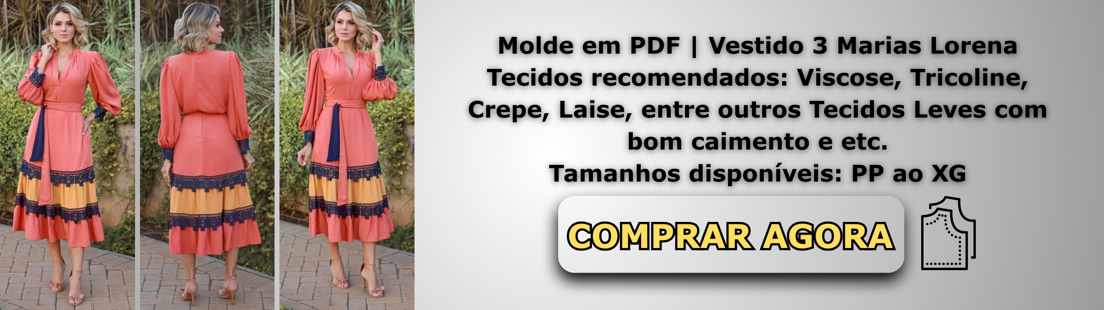 Molde em PDF - Vestido 3 Marias Lorena (Vestido Estilo Casual Gola em V Manga Longa Saia 3 Marias com Cinto Zíper na Lateral)