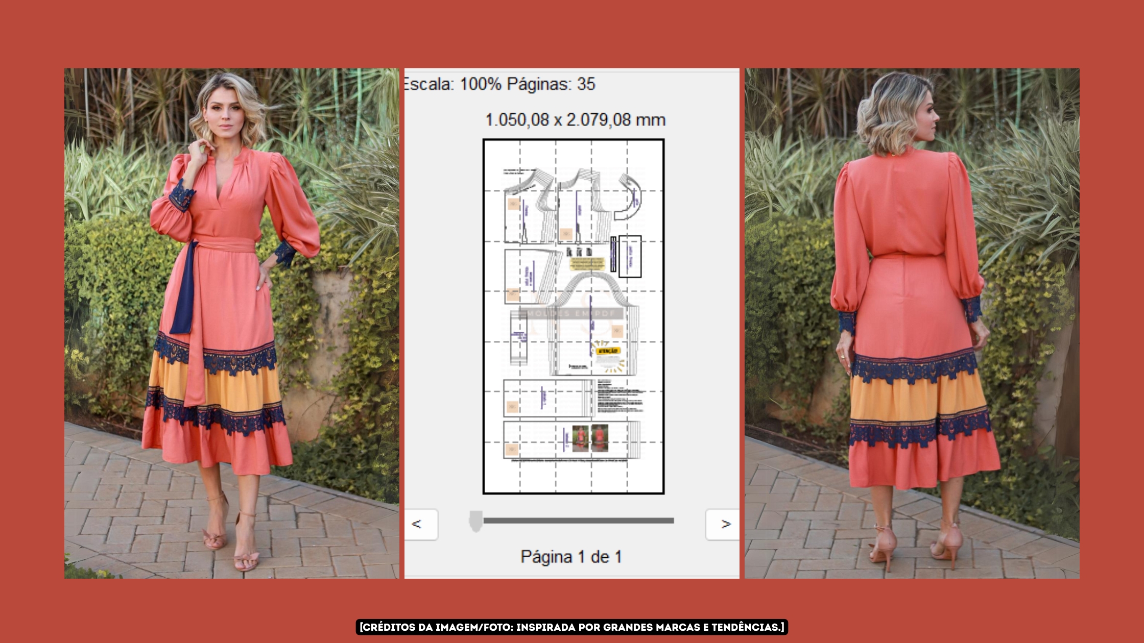 Molde em PDF - Vestido 3 Marias Lorena (Vestido Estilo Casual Gola em V Manga Longa Saia 3 Marias com Cinto Zíper na Lateral)