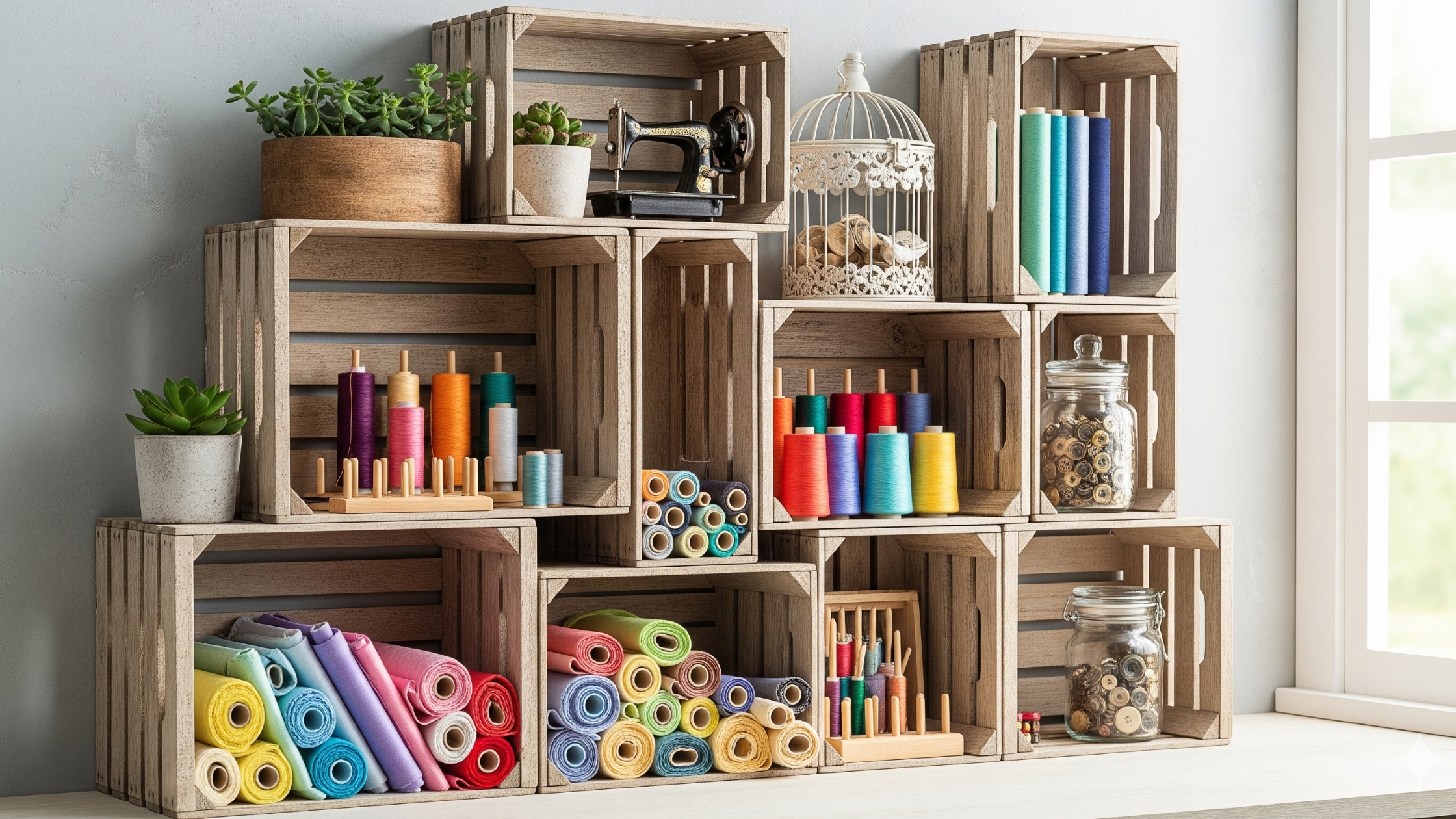 Prateleiras com caixotes de feira